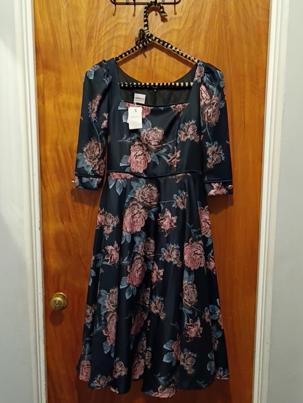 Unlisted Dark Blue Midi Dress with Pink Rose Pattern
